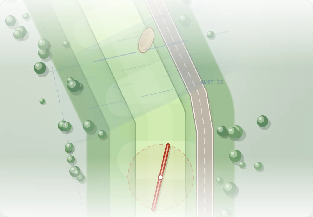 Original Daily Holes diagram of a wind band crossing a golf fairway.